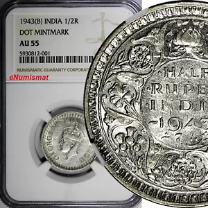 India-British George VI Silver 1943 (B) 1/2 Rupee DOT NGC AU55 KM# 552 (001) - Picture 1 of 4