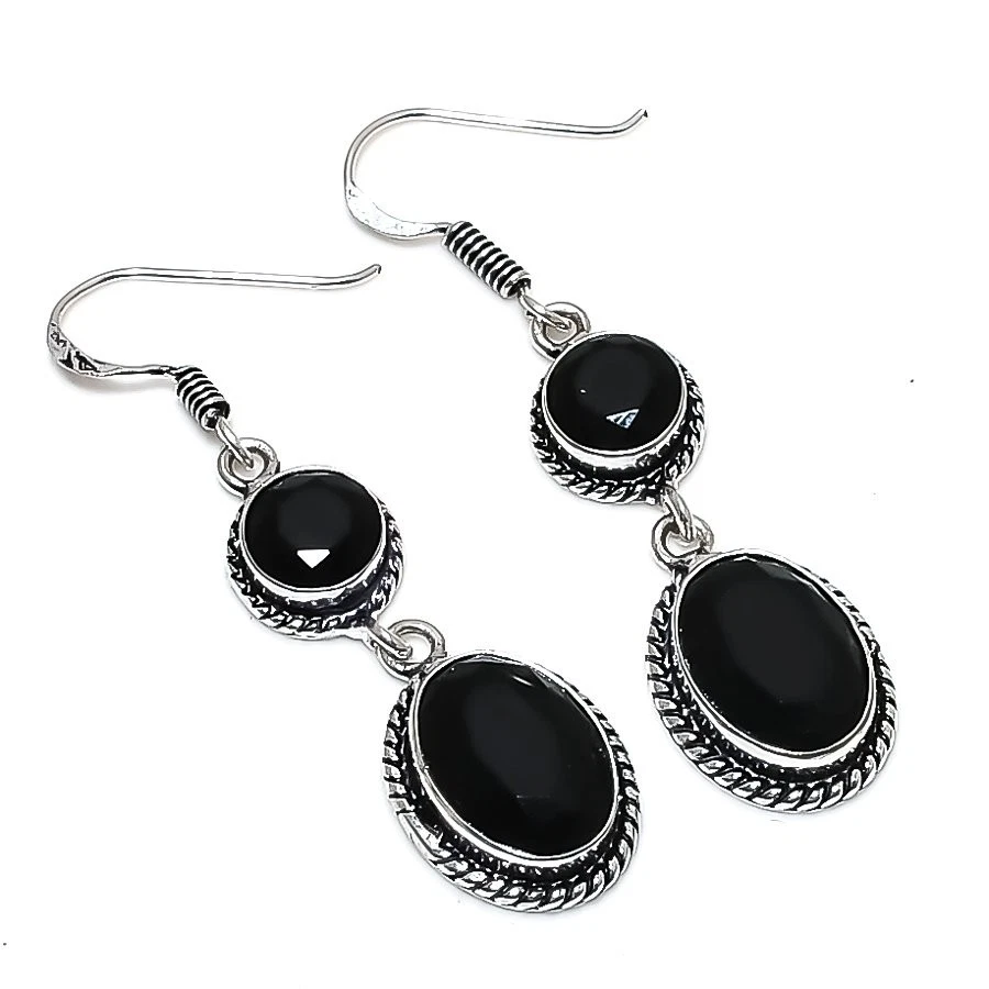 Black Spinel  Gemstone Handmade 925 Starling Silver Jewelry Earring Size 2" - Image 1 of 1