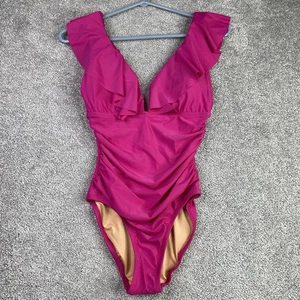 J. Crew Swimsuit Women’s 4 Fuchsia Ruffle One Piece Ruched V-Neck Lined Padded - Picture 1 of 9