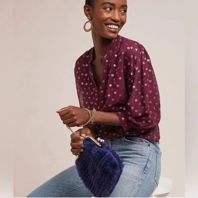 Moulinette Souers Women's Allegra Foil Burgundy and Gold Button Front Blouse XS - Image 1 of 4