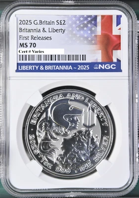 2025 uk 2 £ liberty and britannia 1 oz silver coin ngc ms70 first releases - Image 1 of 2