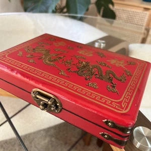 Mahjong Set Dragon Phoenix Red Vinyl Case New Tiles Brass Trim 144 Pieces - Picture 1 of 14