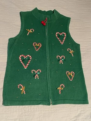 Novo Colete de Natal Vintage Bengalas Doces e Corações VERDE com Zíper Feminino Extra Grande - Imagem 1 de 4