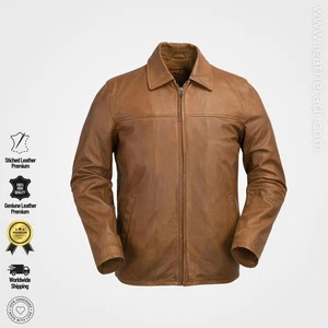 Men's Stylish Brown Genuine Leather Classic Biker Jacket with Quilted Shoulder - Picture 1 of 2