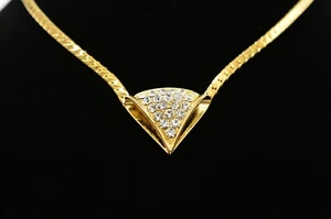 Vintage Crystal Collar Necklace Gold Herringbone Chain Rhinestone Shiny NOS 80s - Picture 1 of 12