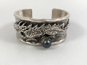 STERLING SILVER DRAGON BLACK PEARL CUFF BRACELET 173grams - Picture 1 of 10