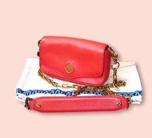 TORY BURCH Luxury Saffiano Leather Gold Chain Mini Crossbody Shoulder Bag EUC - Picture 1 of 24