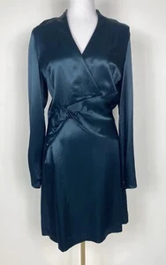 CUE Dress Size 10 Deep Green Satin Long Sleeve V-Neck Cocktail Party Races - Picture 1 of 12