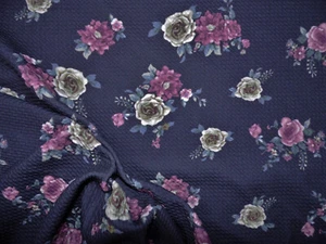 Bullet Printed Liverpool Textured Fabric Stretch Navy Plum Slate Blue Floral O47 - Picture 1 of 1