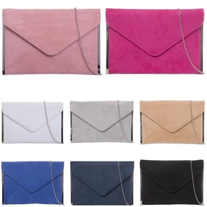 Ladies Faux Suede Slim Envelope Style Clutch Bag Evening Wedding Prom Small Bag - Picture 1 of 17