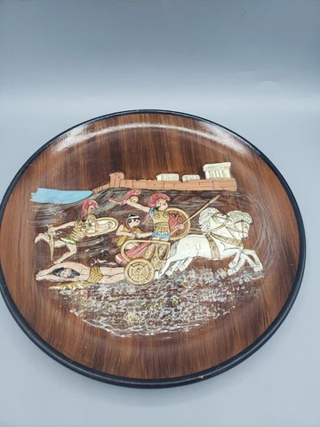 Vintage Painted Raised 3D Plate Wall Art Hanging Roman Soldier Chariot Greek War Cover