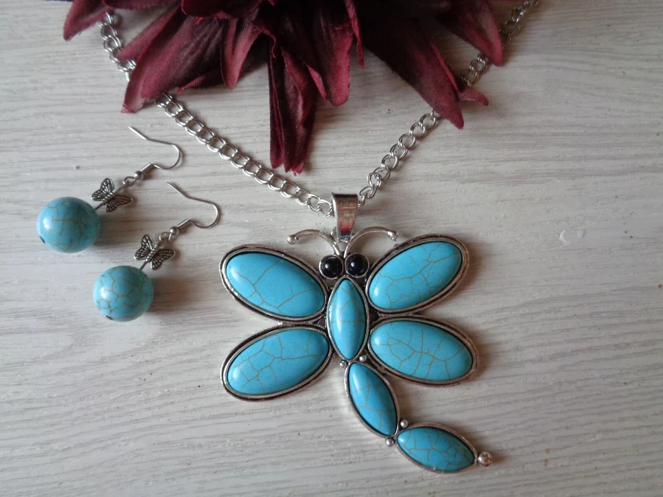 Elegantes Schmuckset silber  "Schmetterling" Türkis Howlith Edelstein - Bild 1 von 1