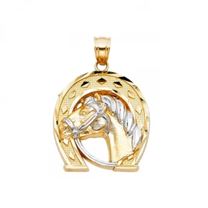 14K Solid Yellow White Gold Horse Head Horseshoe Pendant - Good Luck Lucky Charm - Picture 1 of 1