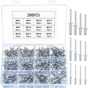 280 Pezzi Assortimento di Rivetti Pop, Set di Rivetti Ciechi in Alluminio, Flangia Rivetti Ciechi - Foto 1 di 7