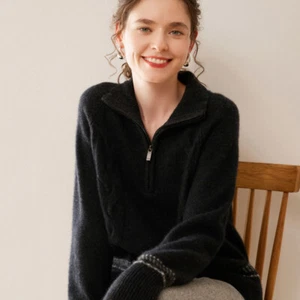 Half Zip Cashmere Sweater Women High Neck Long Sleeve Knit Pullover Spring M-3XL - Picture 1 of 26