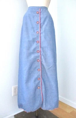 Maxi Falda De Colección Años 60 70 Mod Azul Cambray Denim Rojo Blanco Bullseye Botones 25 pulgadas Foto 1 de 4