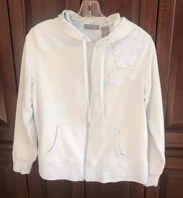 Laura Scott Women's Light Blue Full Zip Pockets Hooded Floral Jacket Size L/G - Image 1 of 4