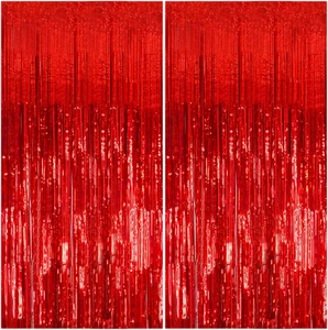 2 Pack Foil Curtain Backdrop Red Metallic Tinsel Foil Fringe Curtains Photo Boot - Picture 1 of 12