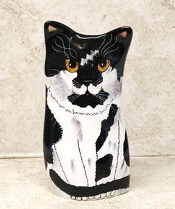 Cats By Nina Hand Painted Ceramic Black White Cat Vase 7.5" - Picture 1 of 15