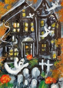 ORIGINAL ACEO Halloween Haunted House GHOST Graves Tree Autumn Pumpkin ATC ART - Picture 1 of 1