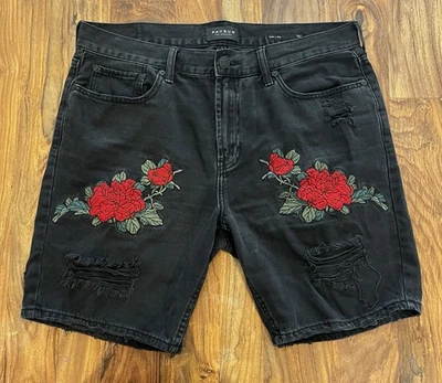 Pantalones Cortos Pacsun Para Hombres W36 Negros Calce Ajustado Floral Bordado Denim Envejecido Jean Foto 1 de 4