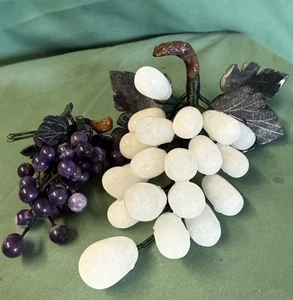 Vintage Chinese Carved Decorative Alabaster  Grape Cluster 2 Stone Fruit - Picture 1 of 3