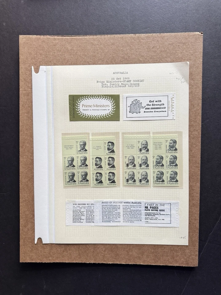 Paneles de folleto Australia 1969 en página de exposición (SB45) + Primeros Ministros #450-53 Foto 1 de 1