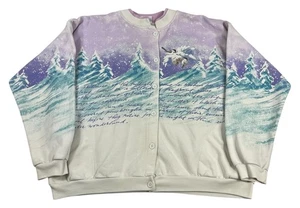 Vintage 90s Artisans All Over Print Winter Design Cardigan Sweatshirt Size Large - Picture 1 of 9