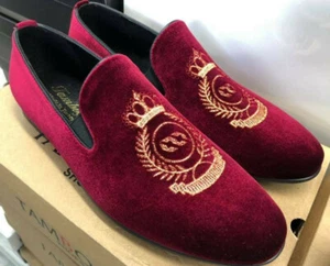 Zapatillas de terciopelo para hombre Burdeos mocasín mocasines zapatos para hombre rey corona bordados - Imagen 1 de 6