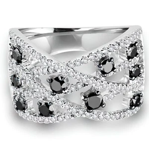 0.77 CT Round Black Diamond Pave Accent Wedding Ring 14K White Gold - Picture 1 of 3