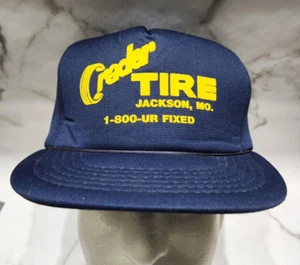 Vtg Crader Tire Jackson, MO Navy Blue Polyester Foam Snapback Hat Yupoong Cap - Picture 1 of 8