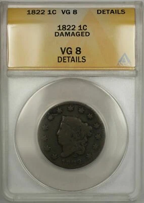1822 Coronet Head One Cent 1C ANACS VG 8 Details Damaged - Image 1 of 2
