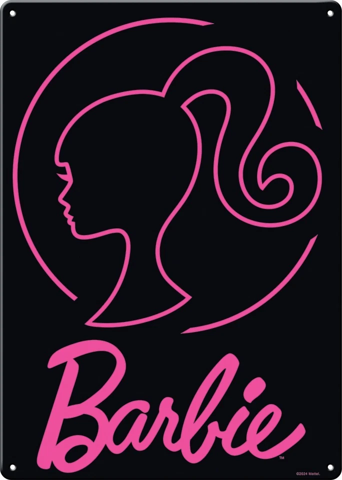 Ata-Boy Barbie Pink Silhouette on Black Metal Sign Size 11.5" .25"