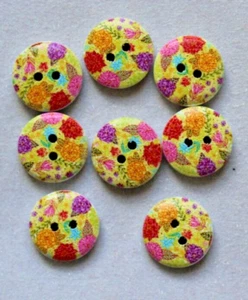 8 Printed Round Wooden 15mm Buttons - Picture 1 of 2
