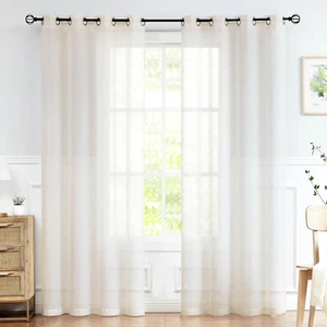 Linen Sheer Curtains for Bedroom, Beige Curtains 96 Inches Long Semi Sheer Drape - Picture 1 of 8