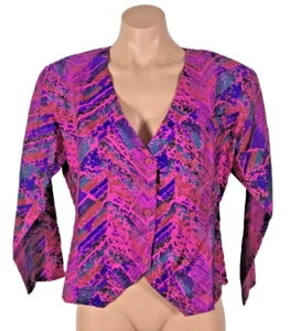 Vtg 80s Silks For Tangs Magenta Abstract Retro Button 100% SILK Top/Blouse 10 - Picture 1 of 8
