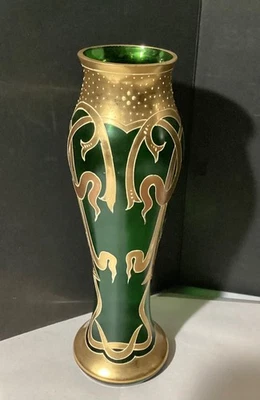 ANTIQUE Bohemian Satin Green Glass ART NOUVEAU Vase Hand Painted HEAVY Gold Trim - Image 1 of 4