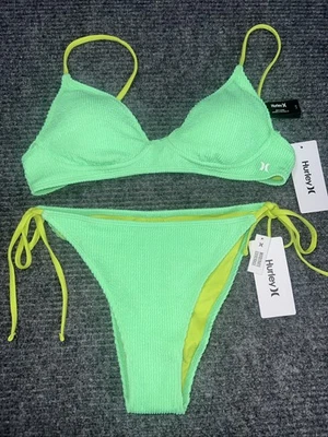 Conjunto de bikini/top Hurley para mujer talla L verde liso crujiente cobertura moderada corbata lateral Foto 1 de 4