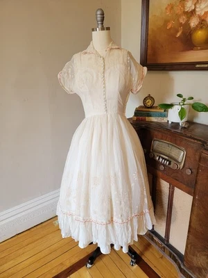 Vintage 1930's 1940's Sheer Ivory Collared Dress Red Floral Flocked Small - Image 1 of 4