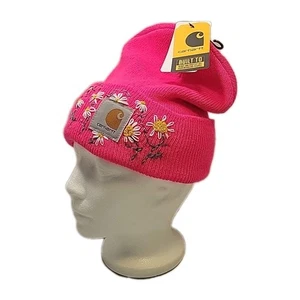 NWT Carhartt Knit Cuffed Beanie Hat Hot Pink Embroidered Flowers & Bee Logo - Picture 1 of 7