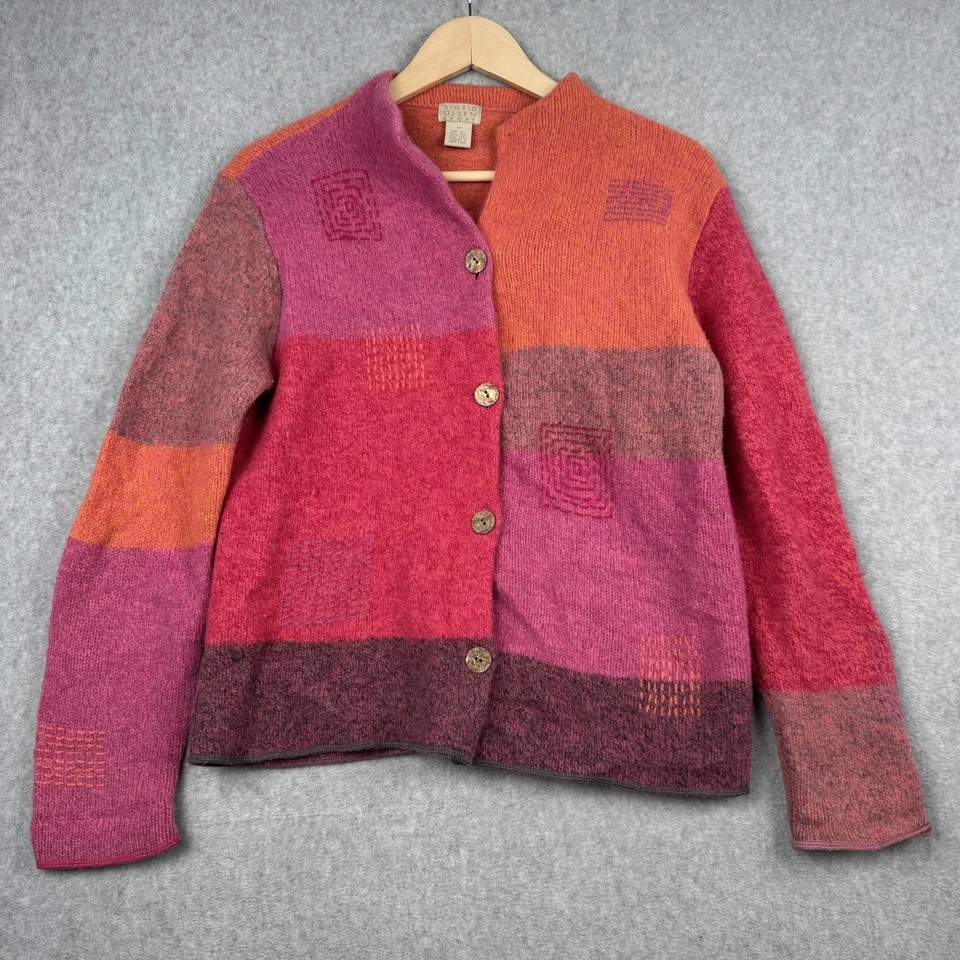 复古 Sigrid Olsen 毛衣女式 M 粉色橙色拼色羊毛开衫拼布 — 第 1/4 张图片