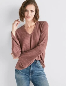 2XL Lucky Brand Thermal Waffle Knit Top Dark Mauve Bell Sleeves V Neck Comfy NWT - Picture 1 of 5