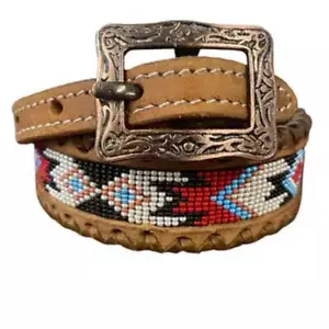 New! Adjustable LEATHER DOG COLLAR w White black red Navajo beaded inlay 3 SIZES - Picture 1 of 6