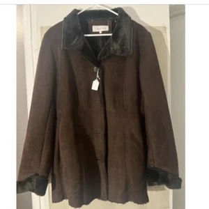 CALVIN KLEIN Womens Coat Jacket Faux fur Button down Brown Large - Picture 1 of 3