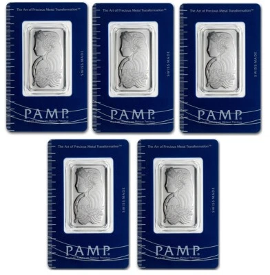 Lote de 5 - 1 oz barra de platino Pamp Suisse Lady Fortuna 999,5 finamente sellada en ensayo Foto 1 de 2