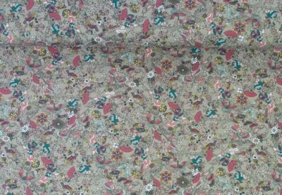 Jerseystoff 100x150cm Asia-Muster Blüten Vögel, elastische Stoffe nähen, Taupe - Bild 1 von 3
