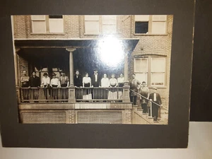 Vintage / ANTIQUE PHOTO PICTURE GROUP OF INDUSTRIAL WIRE MILL WORKERS ON PORCH - Picture 1 of 9
