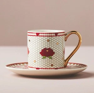 Anthropologie Bistro Tile Valentine’s Edition Espresso Cup & Saucer Rose BISOUS - Picture 1 of 2