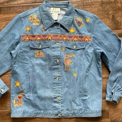 Quacker Factory Cottagecore Americana Embroidered Denim Jacket,Blue Red, M(NWT) - Image 1 of 4