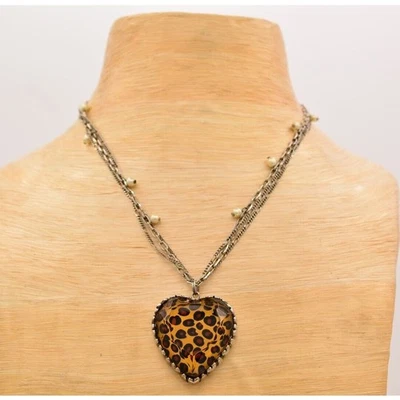 Betsey Johnson Leopard Heart Necklace Faceted Crystal Multi-Chain Silver Bin2 - Image 1 of 4